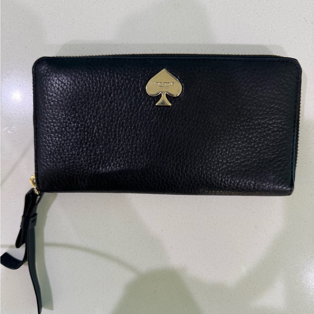 Kate Spade Black Leather Wristlet with Gold Accent